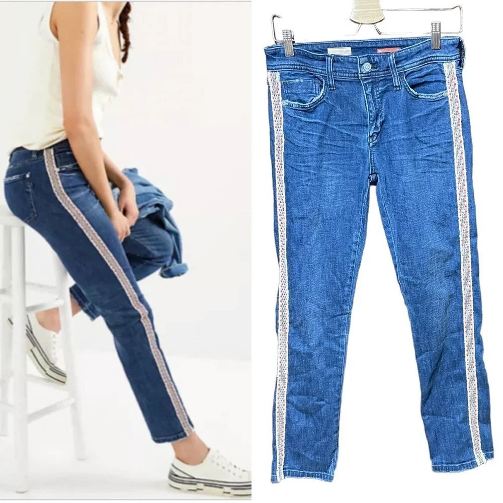 Anthropologie Pilcro The Slim Boyfriend Jeans Side Tape Embroidered Blue Size 27